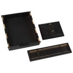 Leather and Bronze Desk Set, Attributed to Jacques Adnet