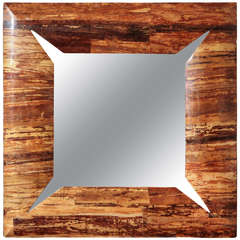 Large Square Mirror with Lacquered Bark Frame, circa 1970