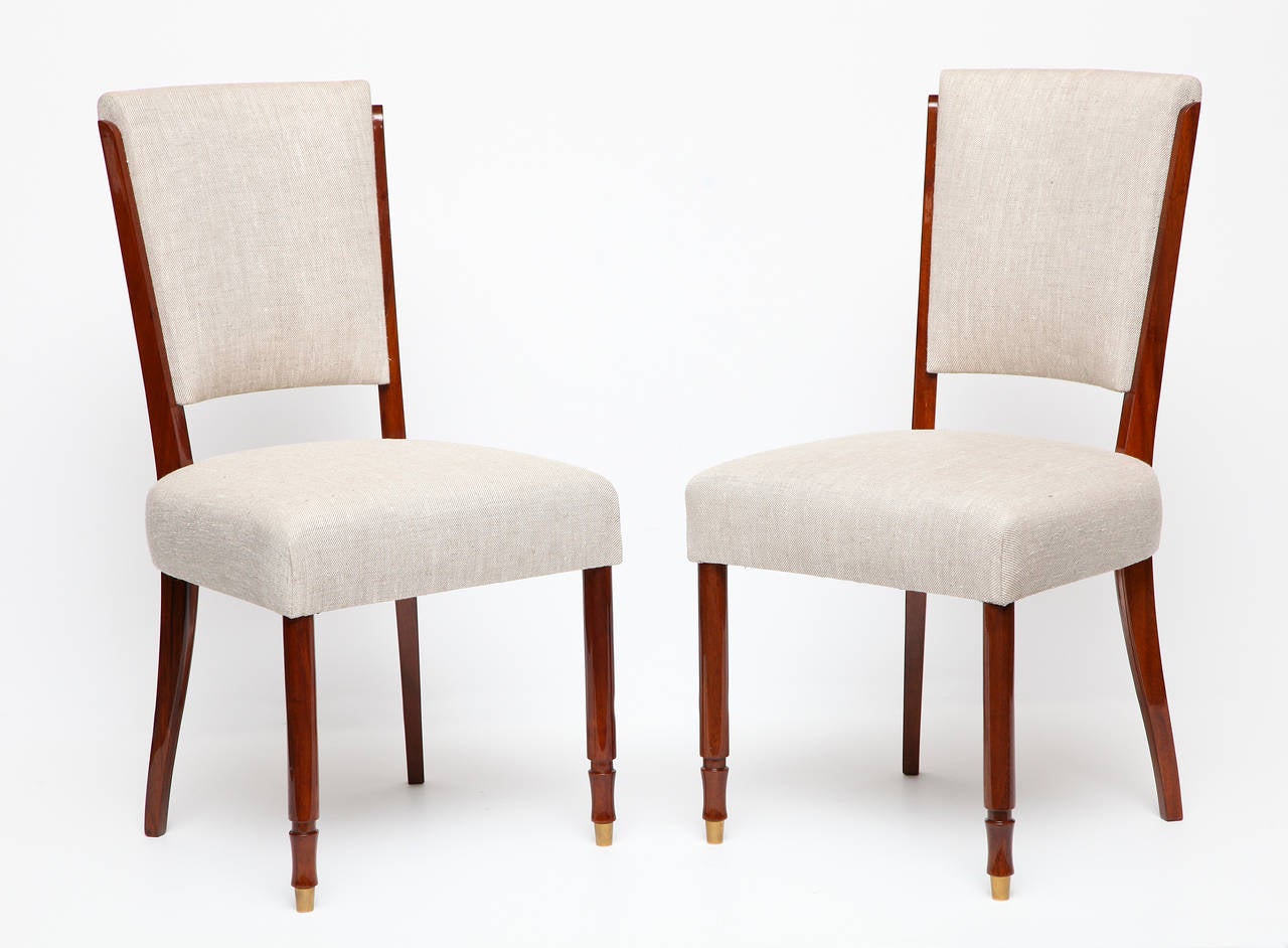 A set of six mahogany dining chairs with bronze sabots by Jules Leleu

Each numbered: 30046

For a sketch of this model, see Siriex, Françoise. The House of Leleu. New York: Hudson Hills Press, 2008. 461.
For an illustration of a similar model,