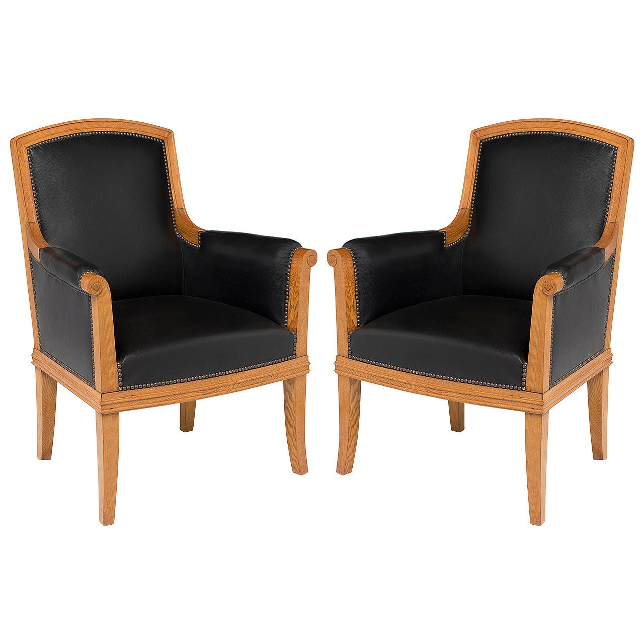 Louis Süe, Pair of Oak and Leather Armchairs, France, C. 1940 For Sale