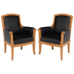 Louis Süe, Pair of Oak and Leather Armchairs, France, C. 1940