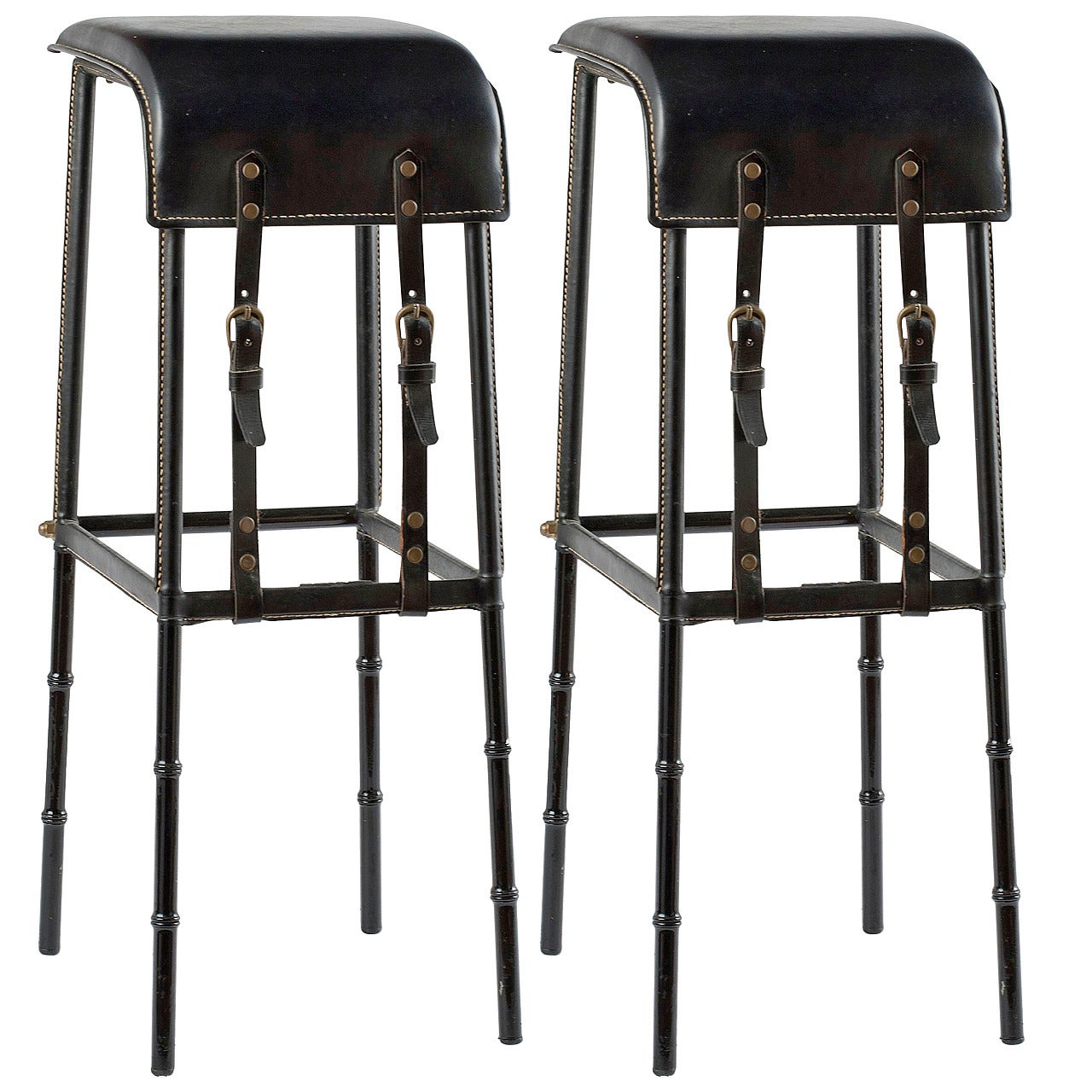 Jacques Adnet, Pair of leather bar stools, France, c. 1950