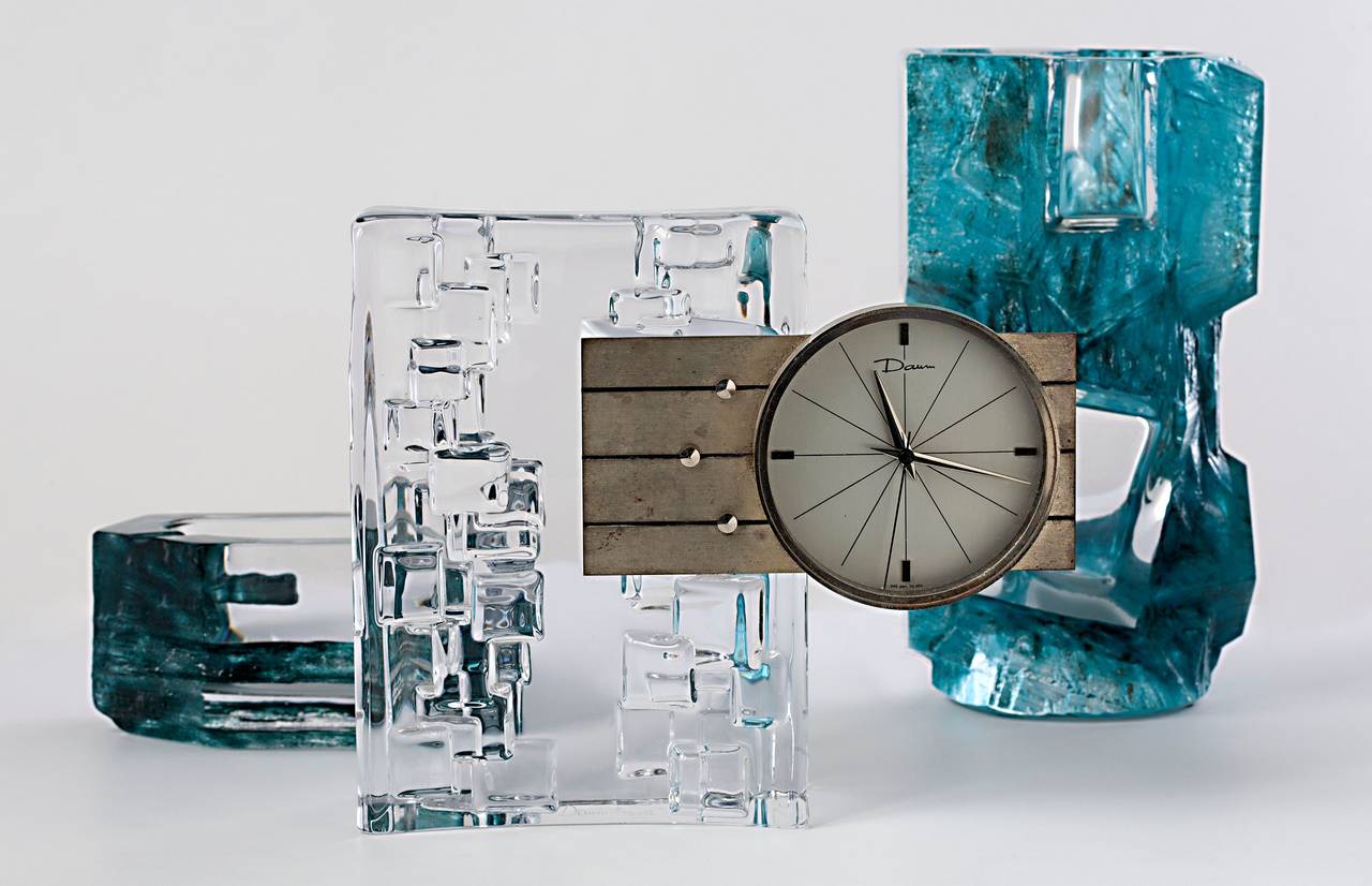 French Daum, Molded Crystal and Metal Table Clock, France, C. 1965