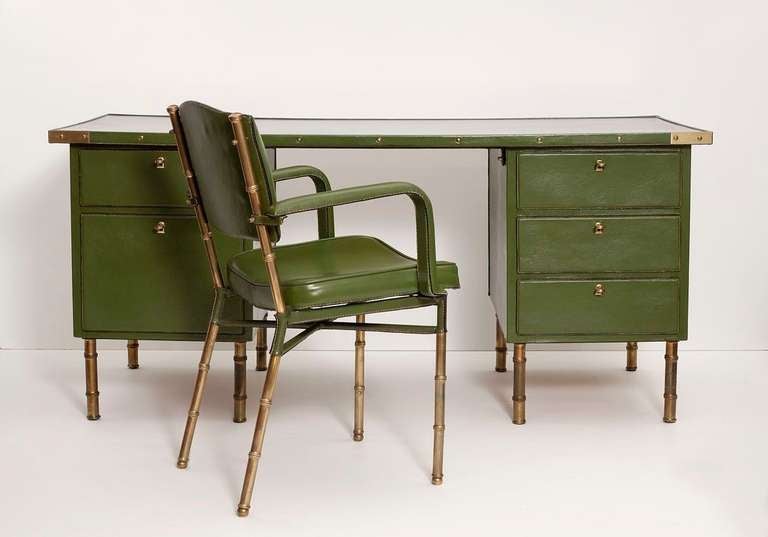 French Rare Green Leather Desk and Chair by Jacques Adnet