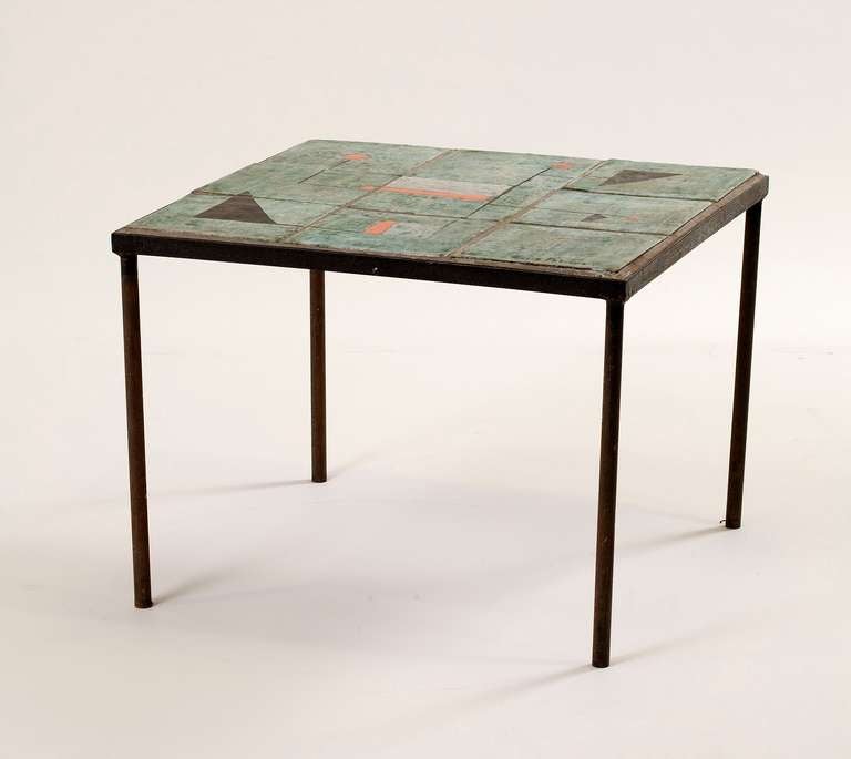French  Les Deux Potiers, Ceramic tile side table, France, c. 1960