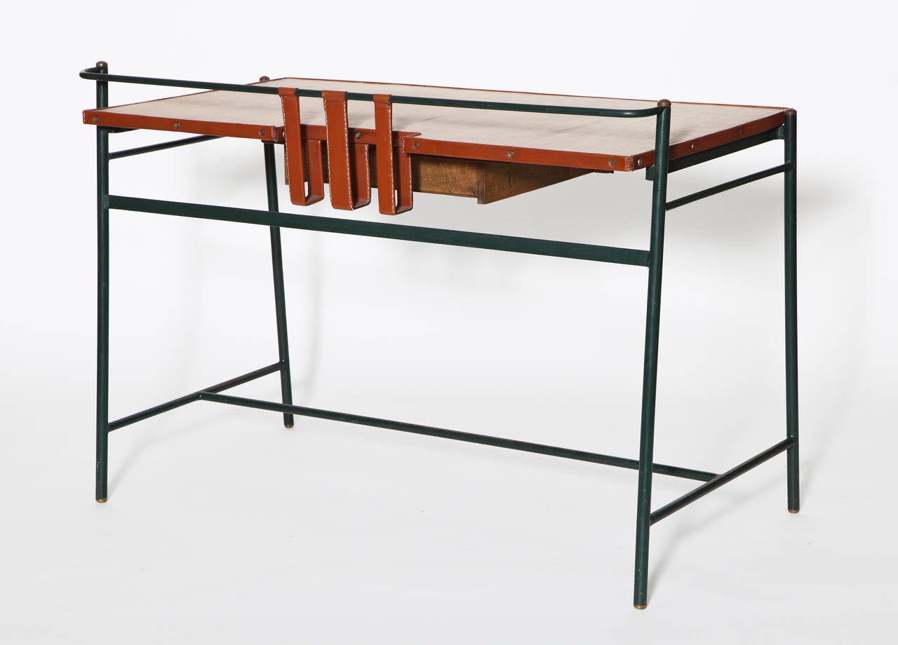 French Jacques Adnet, Leather and Rattan Desk, France, circa 1950