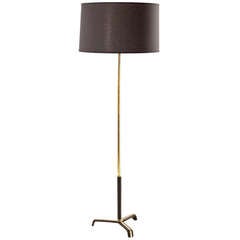 Brass and Leather Tripod Base Floor Lamp by Jacques Adnet (1901-1984)