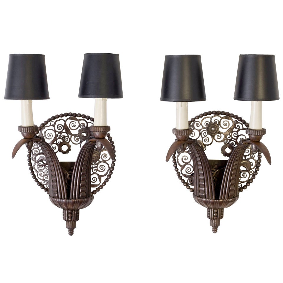 Marcel Bergue, Pair of Wrought-Iron Sconces, France, C. 1925