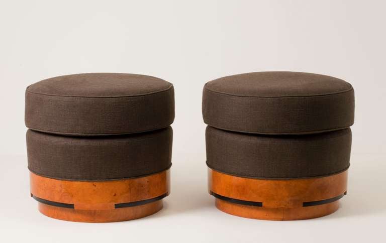 A pair of Art Deco stools in mahogany with ebonized accents, by Jules Cayette

Provenance:
Custom designed for the residence of the owner of the Biscuiteries Lorraines, Nancy, France

These stools were part of a larger ensemble including a