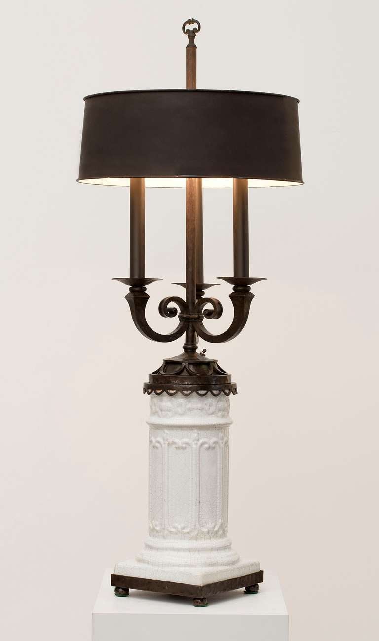 A fine and rare Art Deco lamp by Paul Kiss in wrought iron and glazed ceramic

Stamped: Paul Kiss Paris

Shade Height: 7