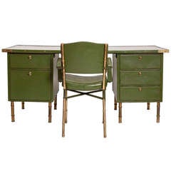 Retro Rare Green Leather Desk and Chair by Jacques Adnet