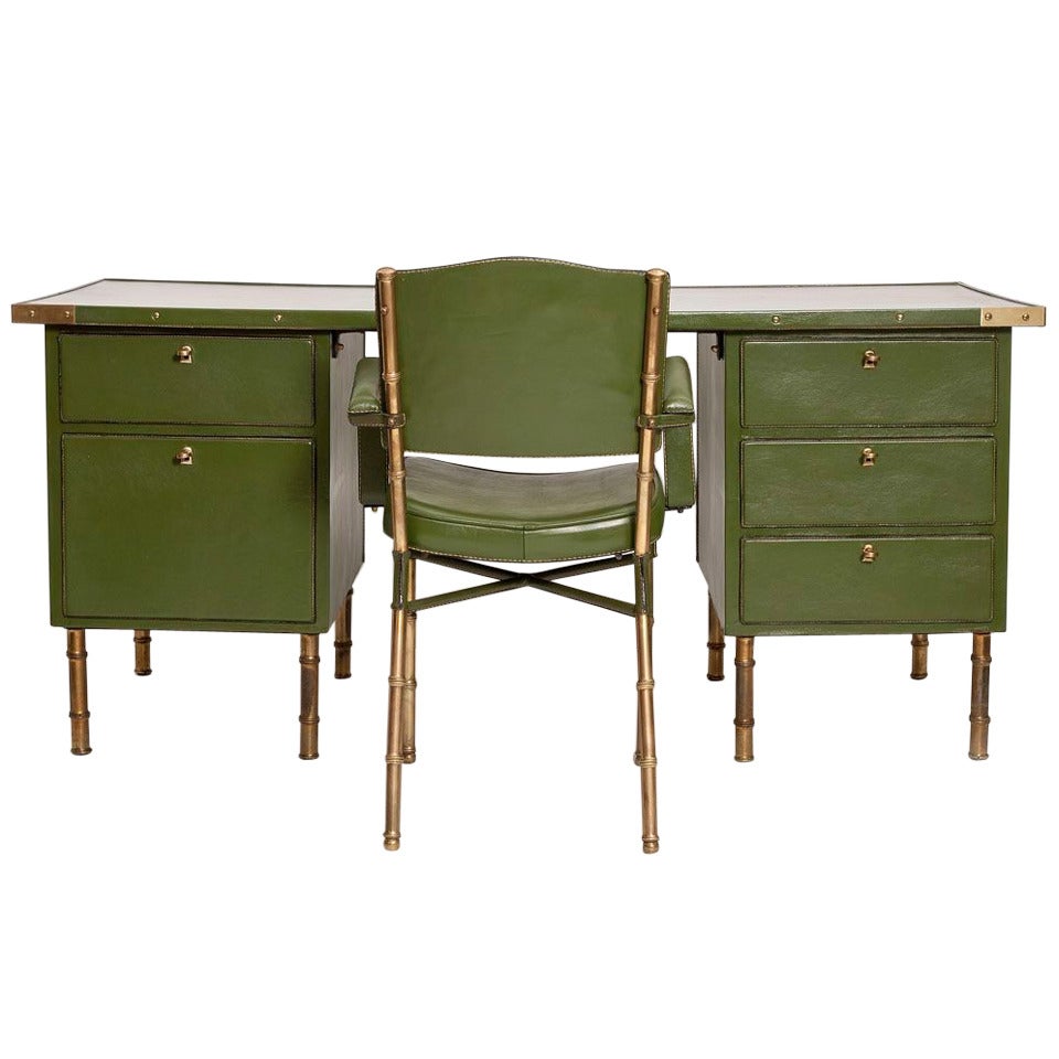 Rare Green Leather Desk and Chair by Jacques Adnet