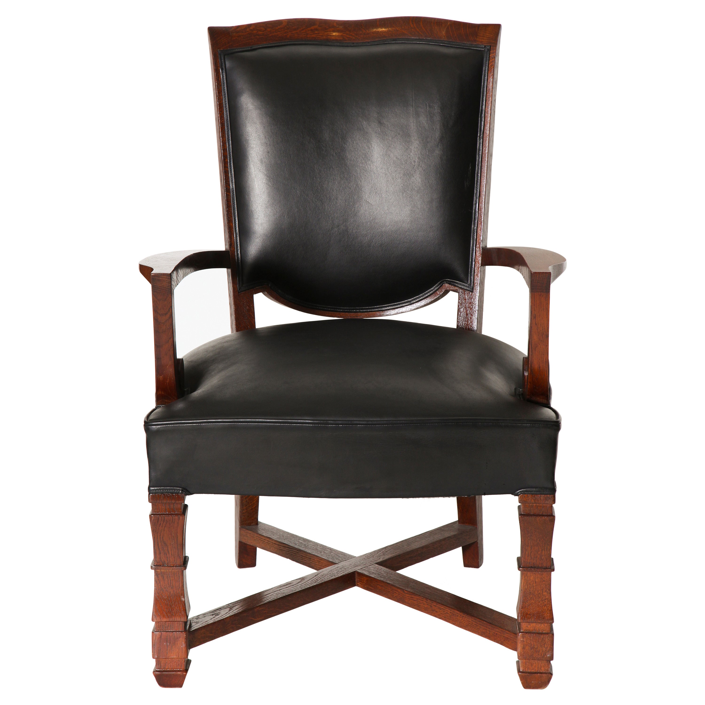 Mahogany and leather visitor armchair by Jules Leleu. Marked with model number.