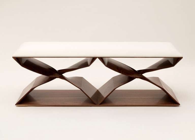 Contemporary bench in hand-carved walnut by Carol Egan

Please note this bench is by order with COM upholstery.