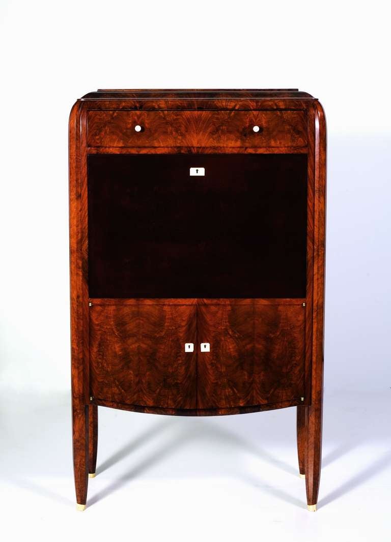 Fine Art Deco secretary in walnut by Jules Leleu, with a sycamore interior and its original lacquered drop front
 
Lacquer work by Katsu Hamanaka (1895-1982)

Bibliography: A similar secretary is illustrated in Jules et André Leleu by Viviane