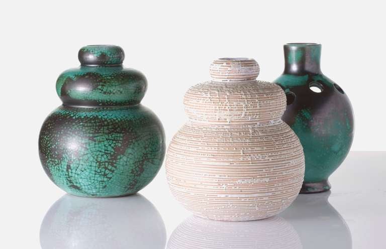 French Primavera, Green Gourd Shaped Ceramic Vase, France, C. 1920