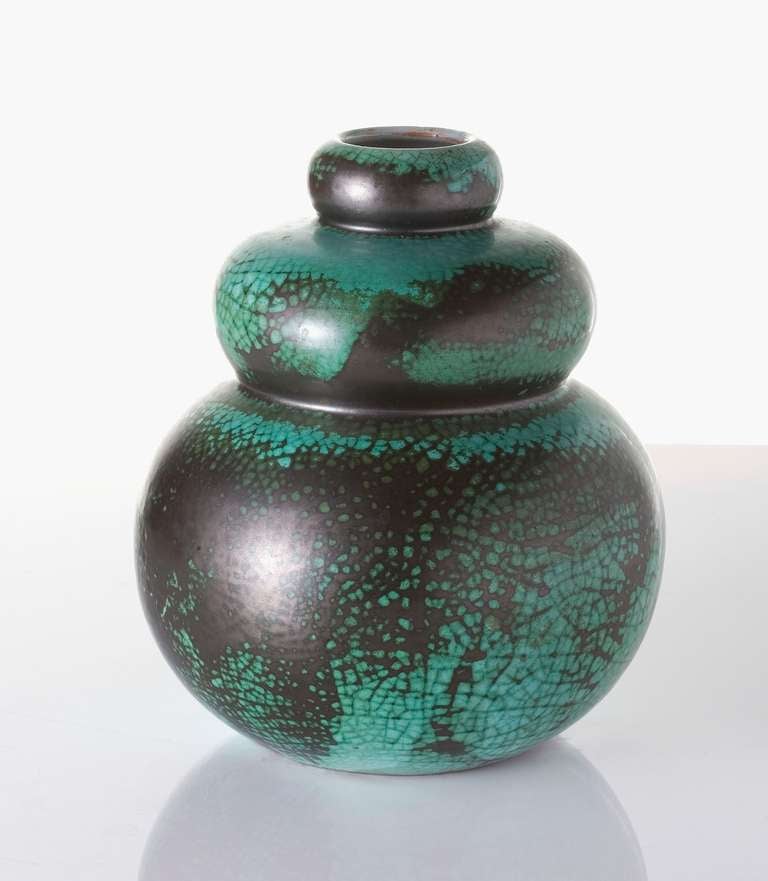 Gourd shaped glazed ceramic vase by Primavera. Signed on base: Primavera, Made in France.