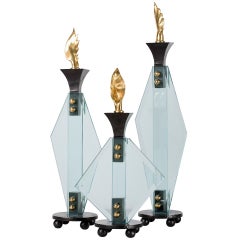 Aldus, "Wings, " Set of Three Glass and Bronze Candlesticks, Italy, 2013