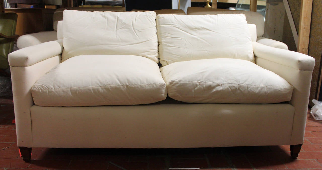Fully refurbished, very comfortable loveseat in muslin. Seat composition is foam core and down wrap, back cushions are 50/50 down/down feather.