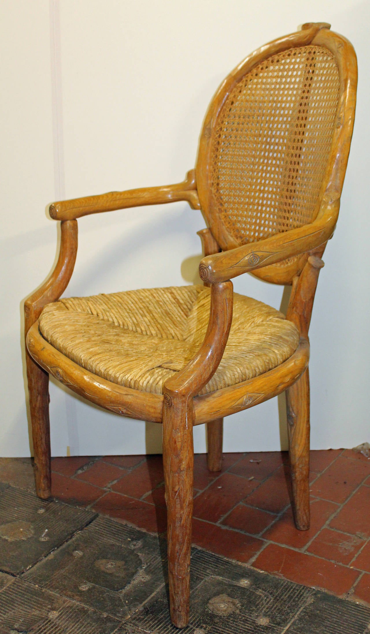 European Pair of Italian Carved Faux Bois Dining Chairs