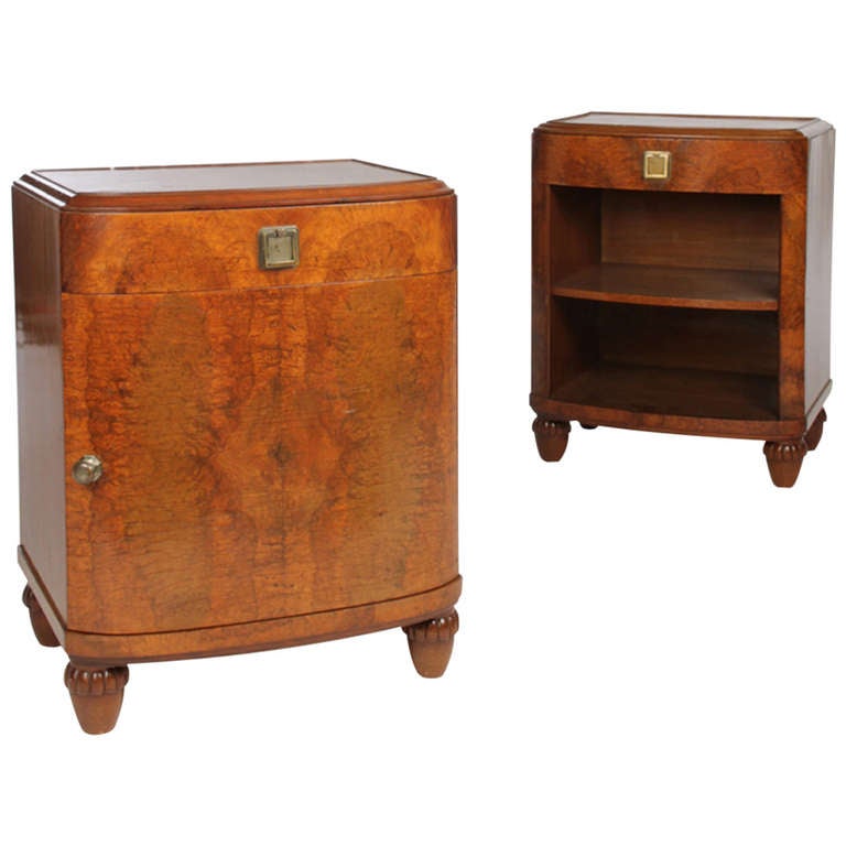 Pair of Beautiful Burled Walnut Nightstands with Bronze Hardware at 1stdibs