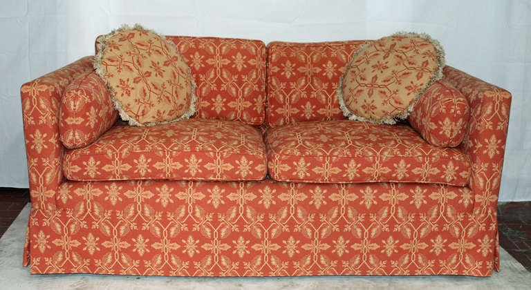 Luxurious Lawson style love seat in a rich woven Neo-Indian inspired fabric Recently refurbished