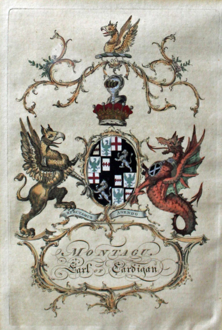 Old English hand painted Cote of Arms series with Provenance of each respective family, beautifully matted and elegantly framed.  The crests are for the families listed below.  Each's respective history and estate information affixed to back of each