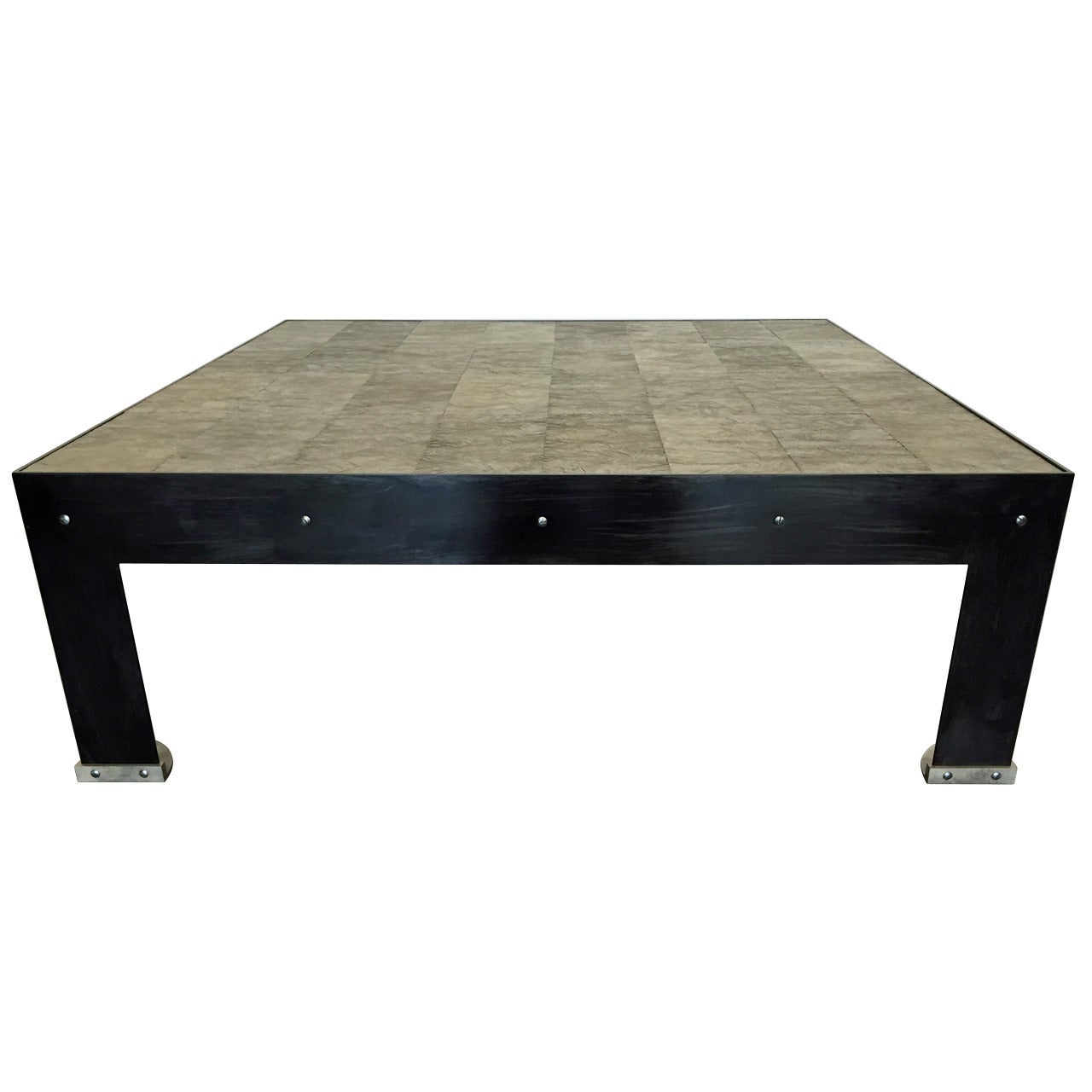 Superbe table basse d'inspiration Paul Dupre Lafon en acier noirci et bronze en vente