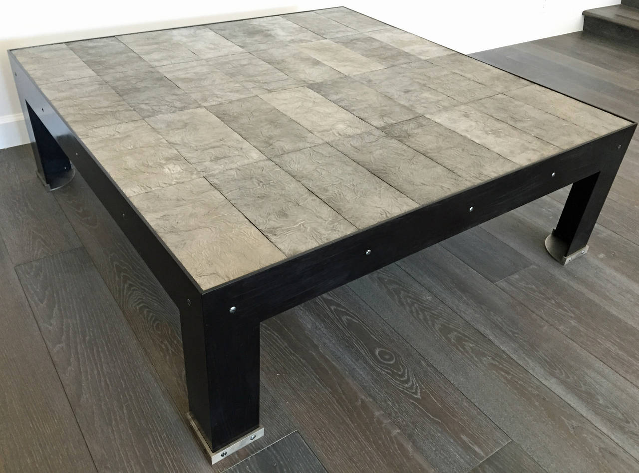 Américain Superbe table basse d'inspiration Paul Dupre Lafon en acier noirci et bronze en vente