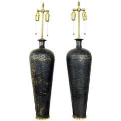 Large Pair of Textured Gold and Graphite Metal Vases with Lamp Application