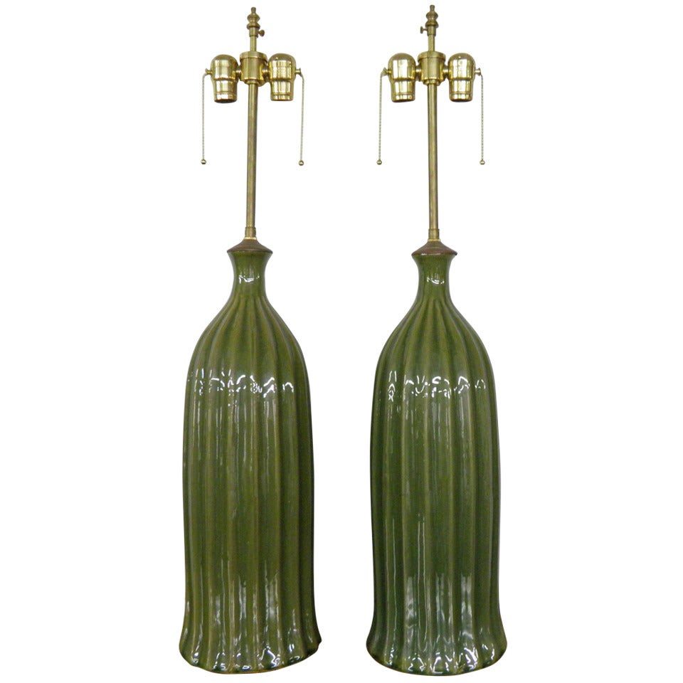 "Graceful in Green" a Pair of Glazed Ceramic Fluted Vases with Lamp Application For Sale
