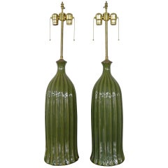 "Graceful in Green" a Pair of Glazed Ceramic Fluted Vases with Lamp Application