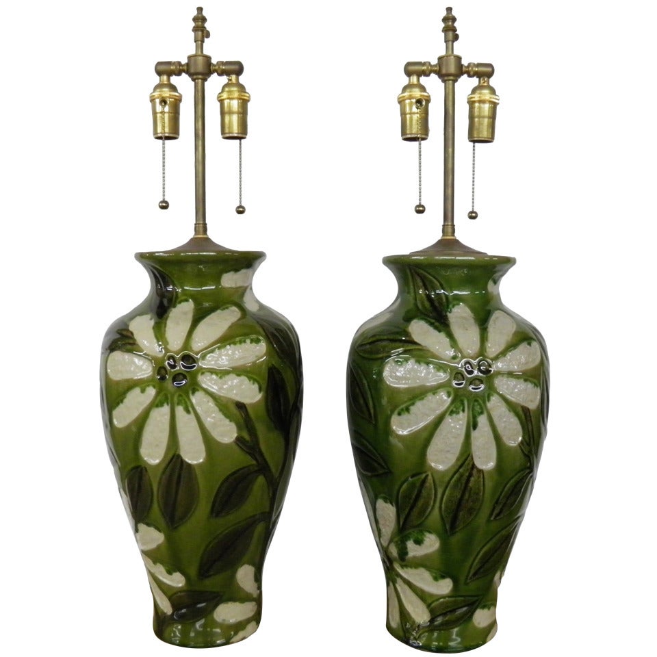 Unusual Pair Of Textured, Hand Painted & Glazed Ceramic Vases With Lamp Application