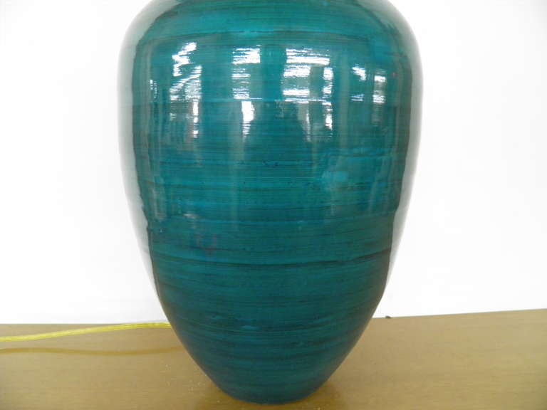 Pair Of Turquoise & Deep Blue Ceramic Vases With Lamp Application In Excellent Condition In Bronx, NY