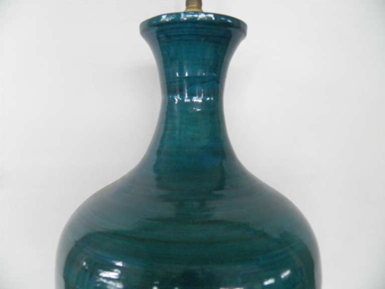 Late 20th Century Pair Of Turquoise & Deep Blue Ceramic Vases With Lamp Application