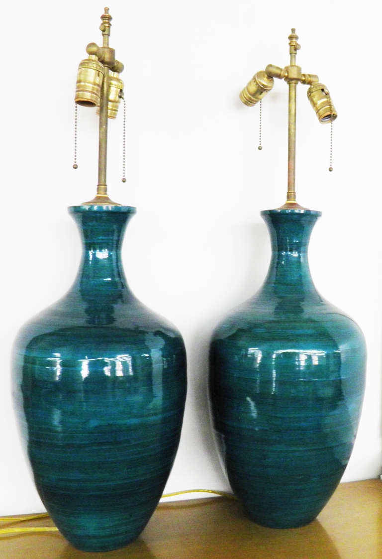 Spanish Pair Of Turquoise & Deep Blue Ceramic Vases With Lamp Application