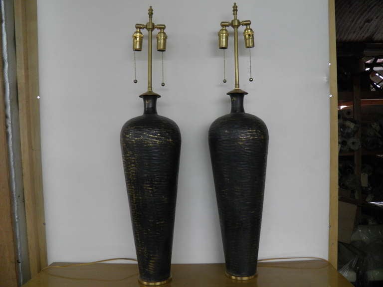 French Large Pair of Textured Gold and Graphite Metal Vases with Lamp Application