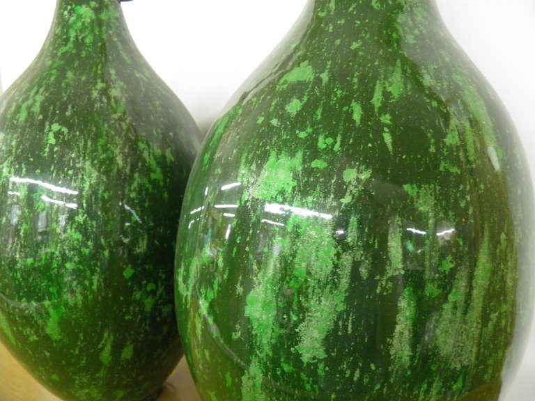 French Pair Of Marbled Green Glazed Vases With Lamp Application