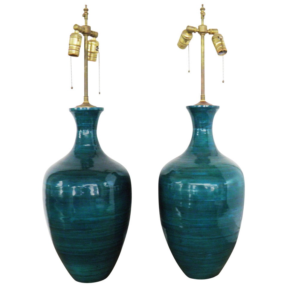 Pair Of Turquoise & Deep Blue Ceramic Vases With Lamp Application