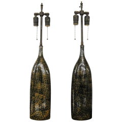 Vintage Unusual Pair Of Camel & Black Ceramic Vessels With Lamp Application