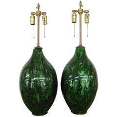 Pair Of Marbled Green Glazed Vases With Lamp Application