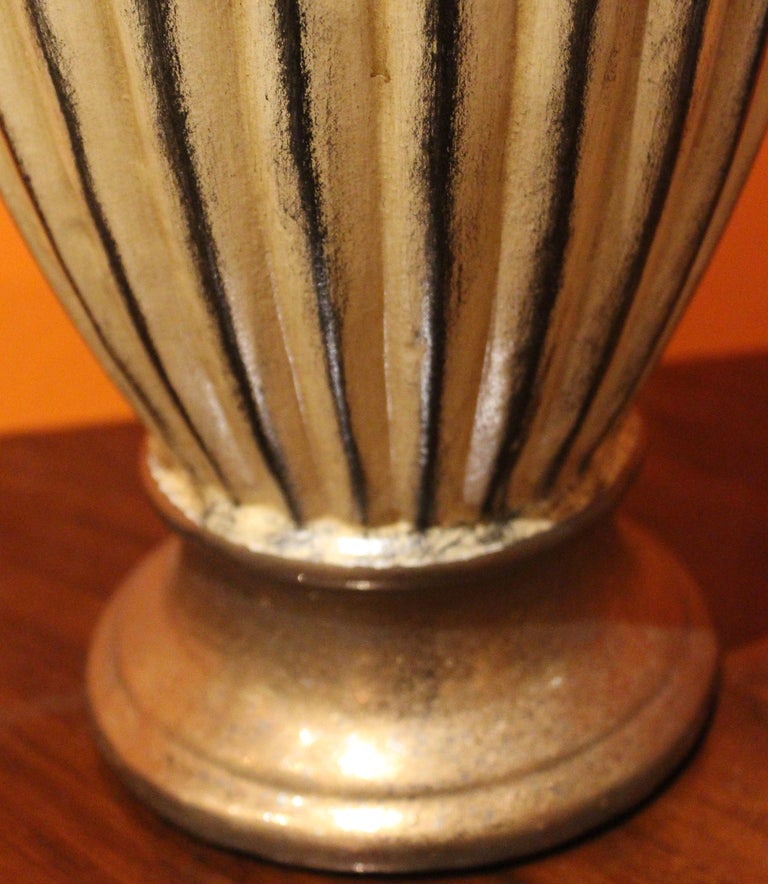 Pair of fluted vintage cream & bronze vases with lamp application In Excellent Condition For Sale In Bronx, NY