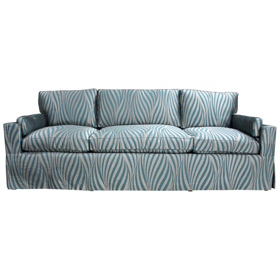 Elegant and Luxurious Sofa in a Deep Aqua and Silver Silk with a Waterfall Skirt