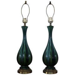 Paire de lampes vintage en céramique émaillée peinte à la main dans les tons bleus et verts