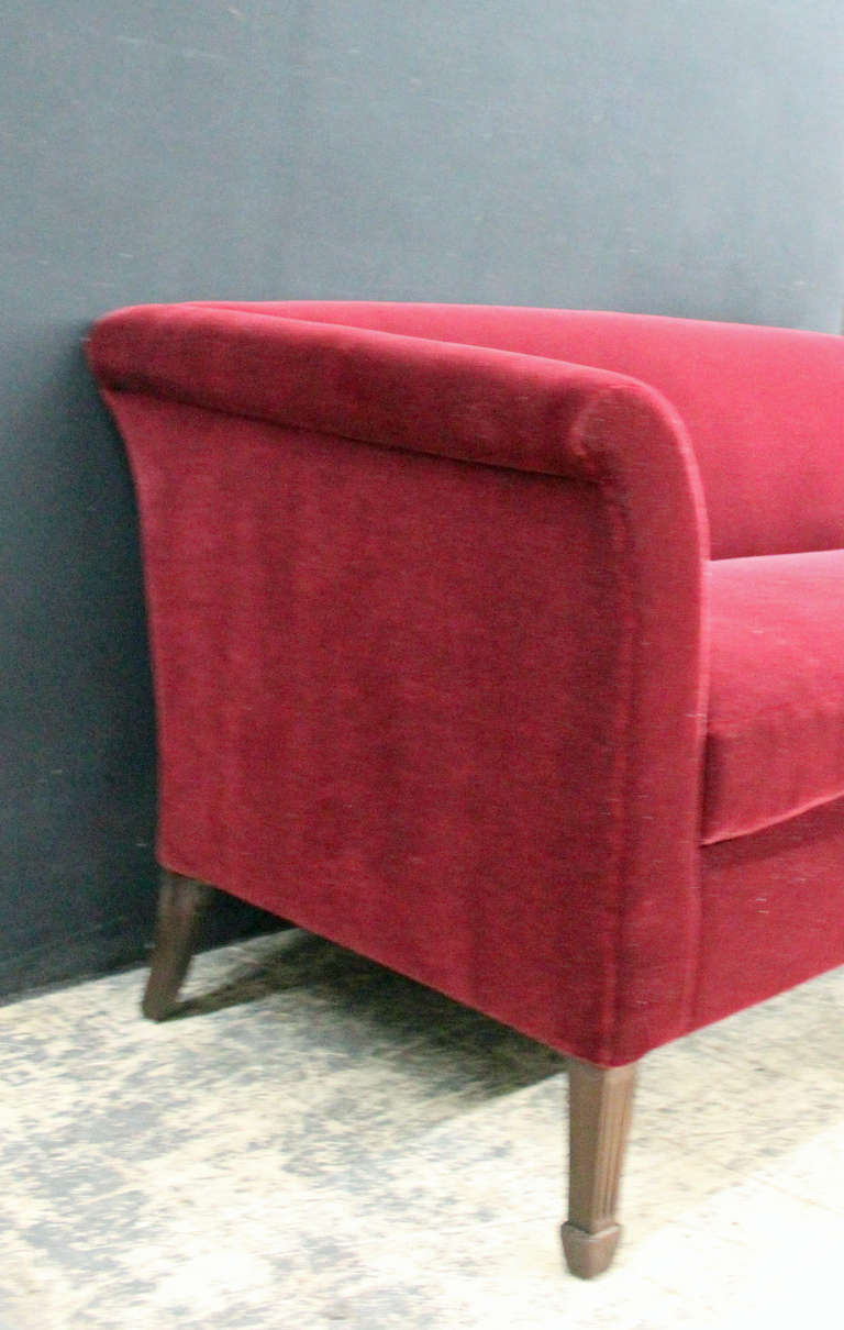 Elegant Tuxedo Style Sofa in Rich Merlot Mohair In Excellent Condition In Bronx, NY