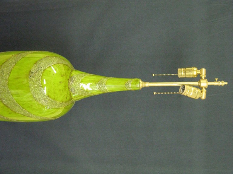 Late 20th Century Pair of Chartreuse Lacquer Vessels with lamp application. For Sale