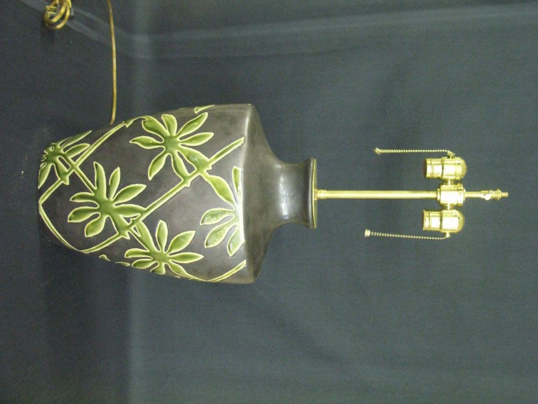 Mid-20th Century One of a kind pair of Botanical fire glazed table lamps. For Sale