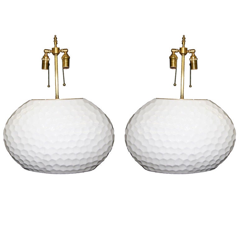 Unusal And Large Oval  Ceramic Lamps With A Glazed "gauged" Texture