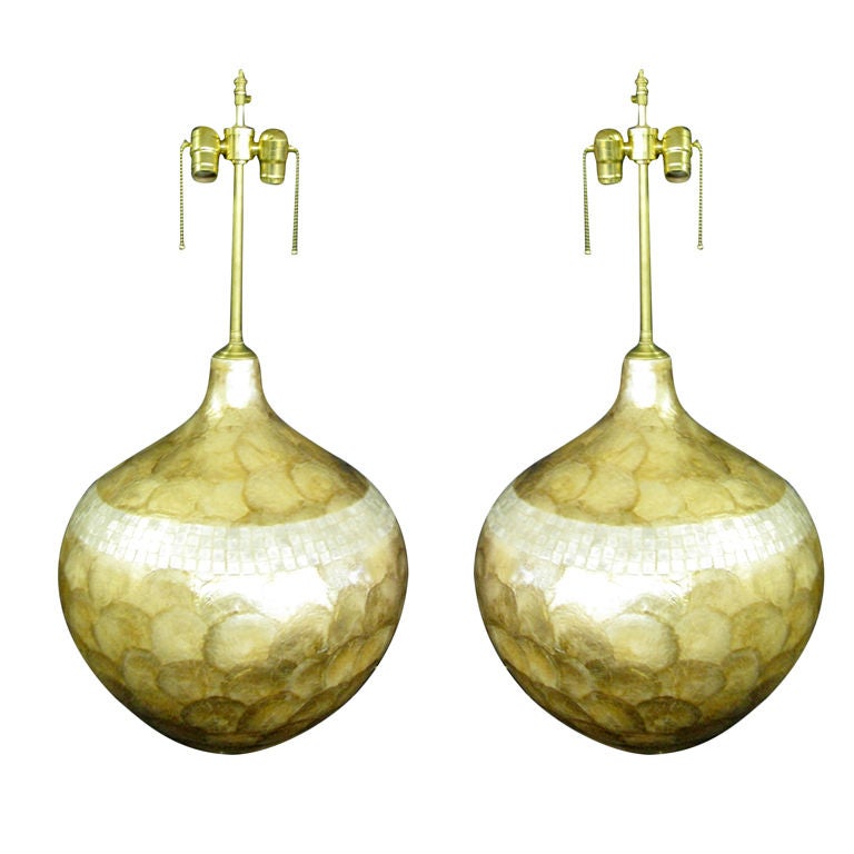 Pair of  Glazed Mica over-sized lamps. For Sale