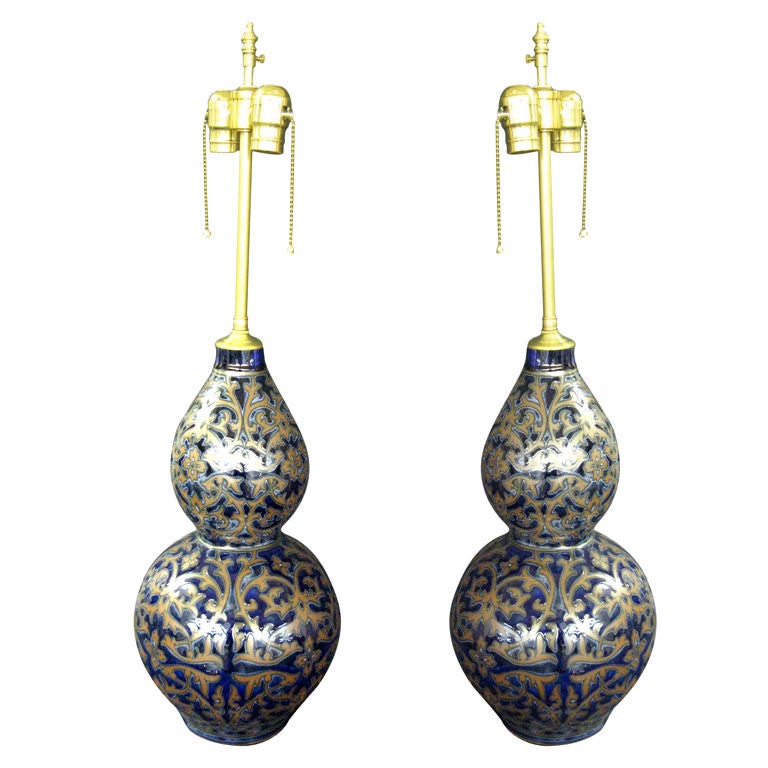 Pair  decorated dark gourde Table  Lamps For Sale